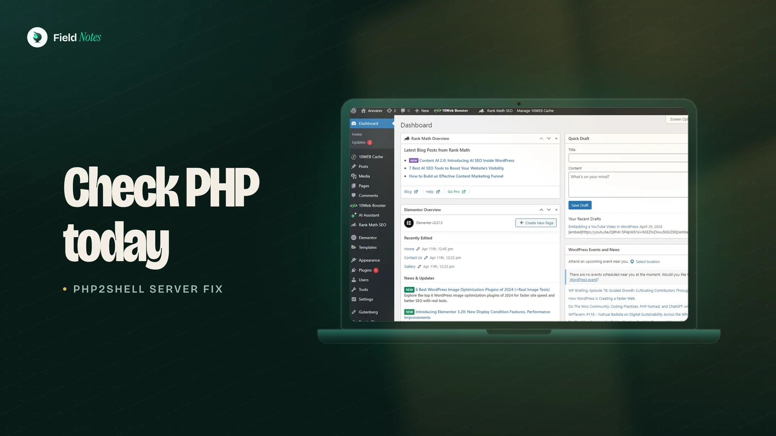 A laptop showing a WordPress admin dashboard, next to the words Check PHP today and PHP2Shell server fix, in Viridian forest green.
